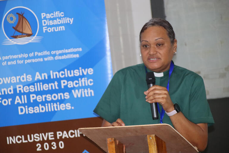 Reverend Sepiuta Hala'api'api shares insights on inclusive churches at the Pacific Disability Forum in November 2025. 