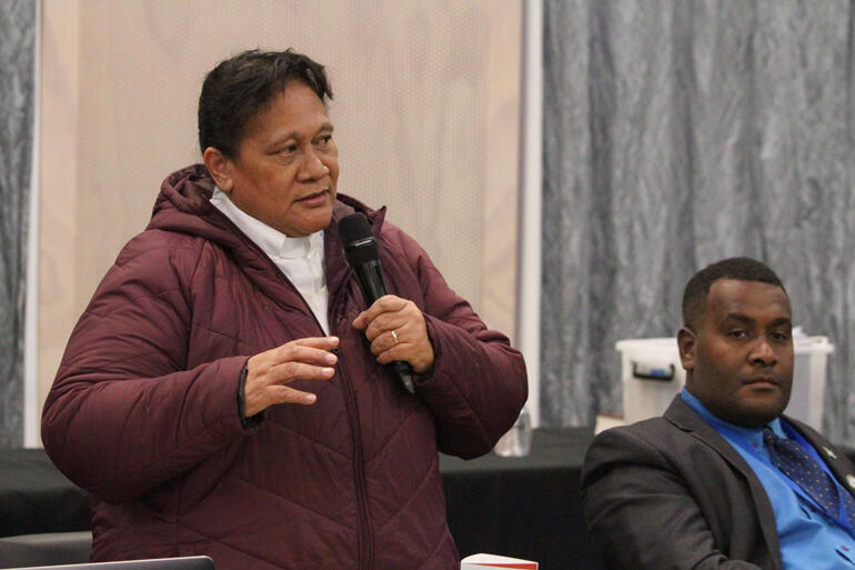 Archdeacon of American Samoa, the Ven Jemima Teo-Nafatali speaks as Polynesia delegate Aliki Bia of Fiji looks on.