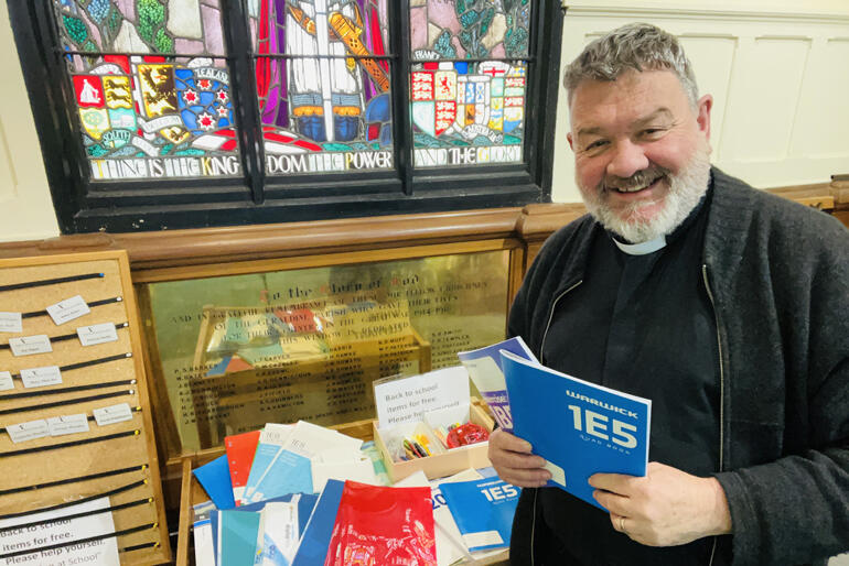 Rev Hugh McCafferty with the parish's free 'Back to school' stationery for 2026 at St Mary's Anglican Church in Geraldine.