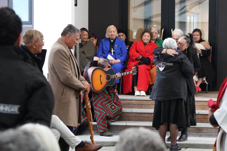 Rev Bettina Maxwell hugs Bishop Susan after presenting her gift at Te Pā Mihinare. 