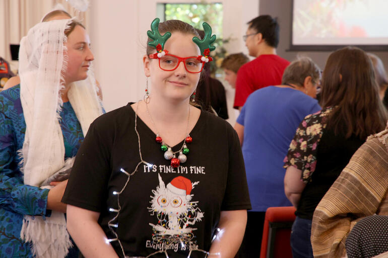 Nicola Ma gets into the spirit for a quiz on festive fact or fiction in the Chartwell Church's Xmas play in Kirikiriroa-Hamilton on 14 December '25.