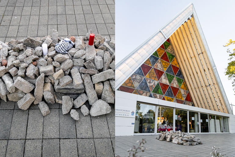 The Christ child lies in rubble outside Christchurch's Transitional Cathedral to tell another story of Jesus' birthplace.
