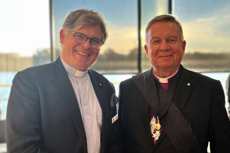 Dean of Melbourne Very Rev Dr Andreas Loewe CStJ and Archbishop Emeritus Sir David Moxon KNZM at yesterday's investiture.