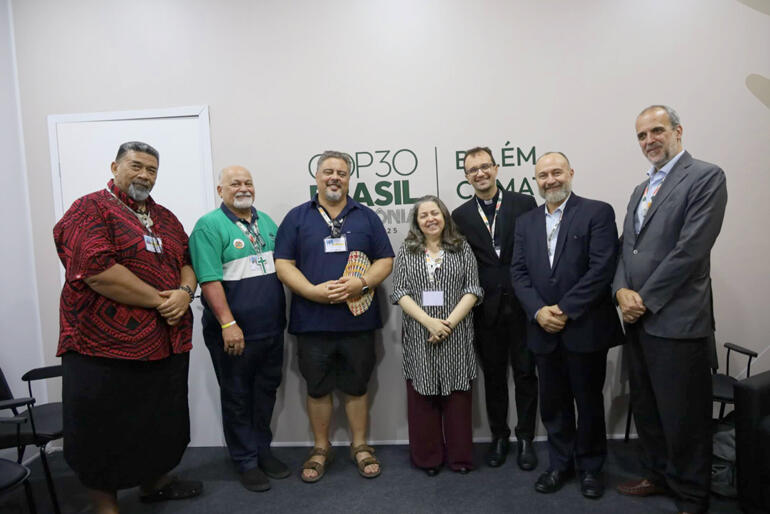 Climate Commissioner Fe'iloakitau Tevi & Archbishop Don Tamihere join Catholic-Anglican action dialogue at COP30. 